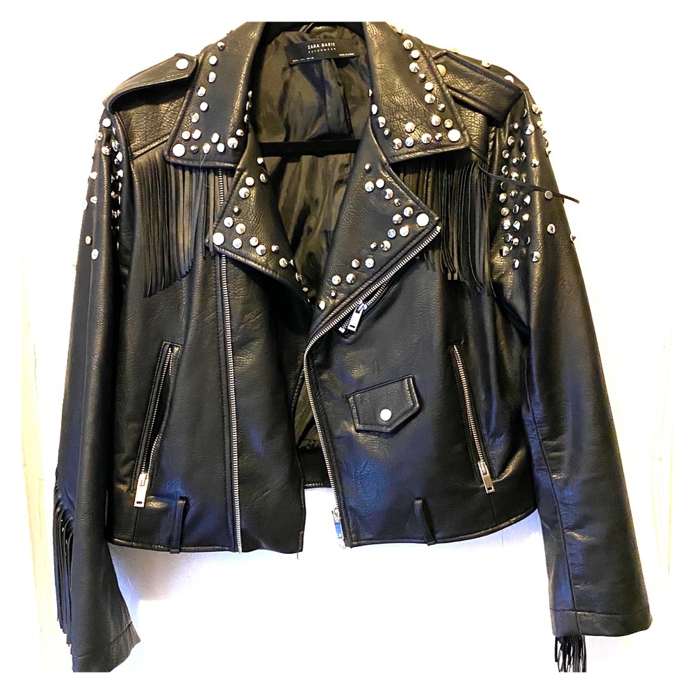 Zara Fringe Trim Studded Faux Leather Jacket
